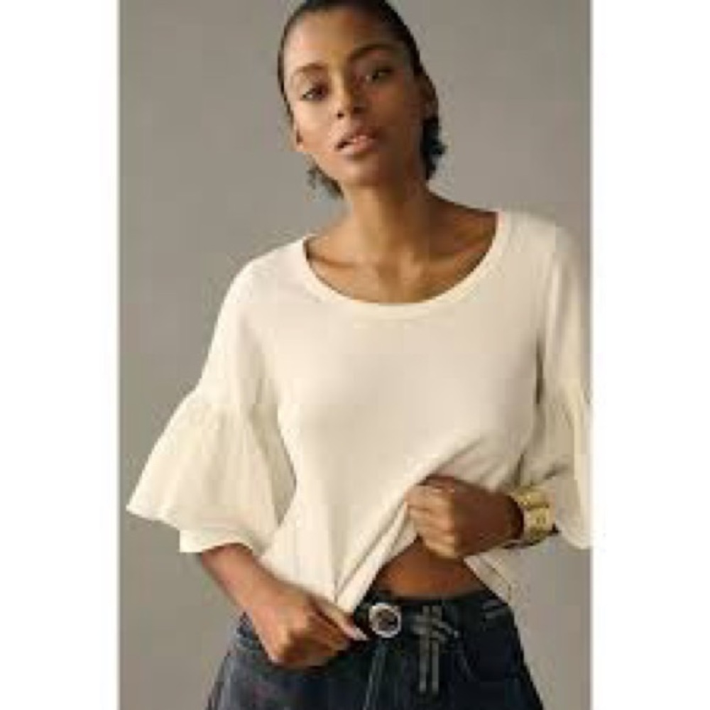 Anthropologie Maeve White Bell Sleeve Ruffle Top Shirt Blouse 100% Cotton